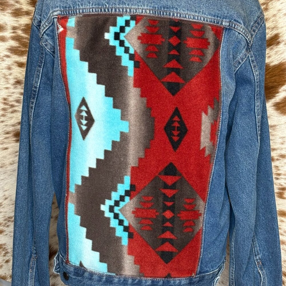 Westerm Jean Jacket Brown dark Red teal fleece Aztec print - Mens- S Woman's -L